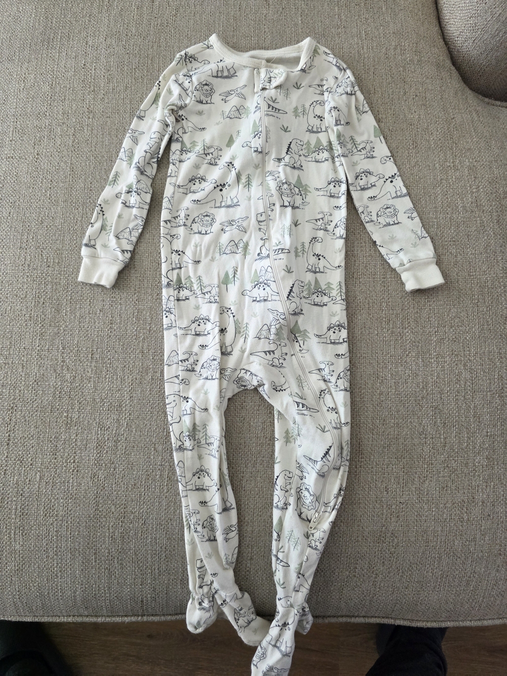 Cream Dino Print Kids One-Piece Footed Pajamas